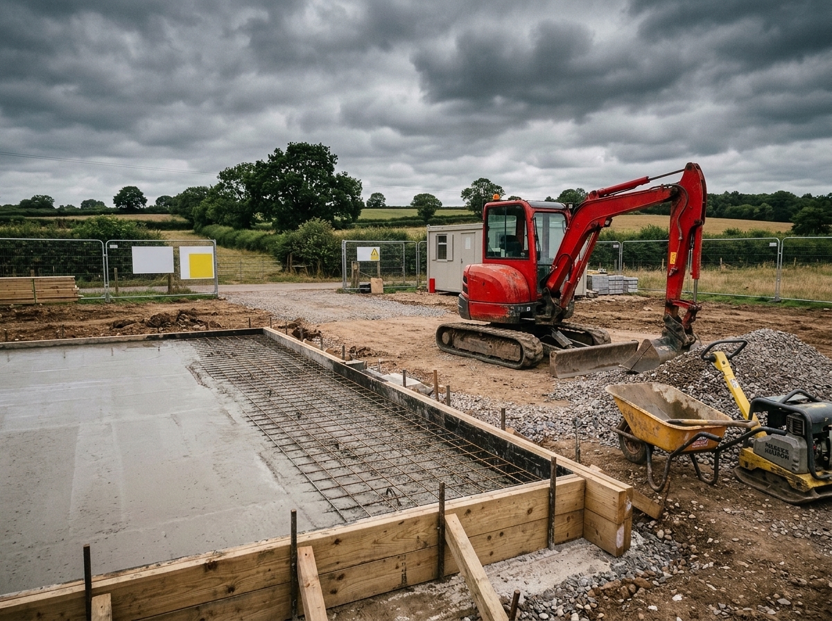 Freshly prepared concrete base with shuttering and rebar mesh on a groundworks site