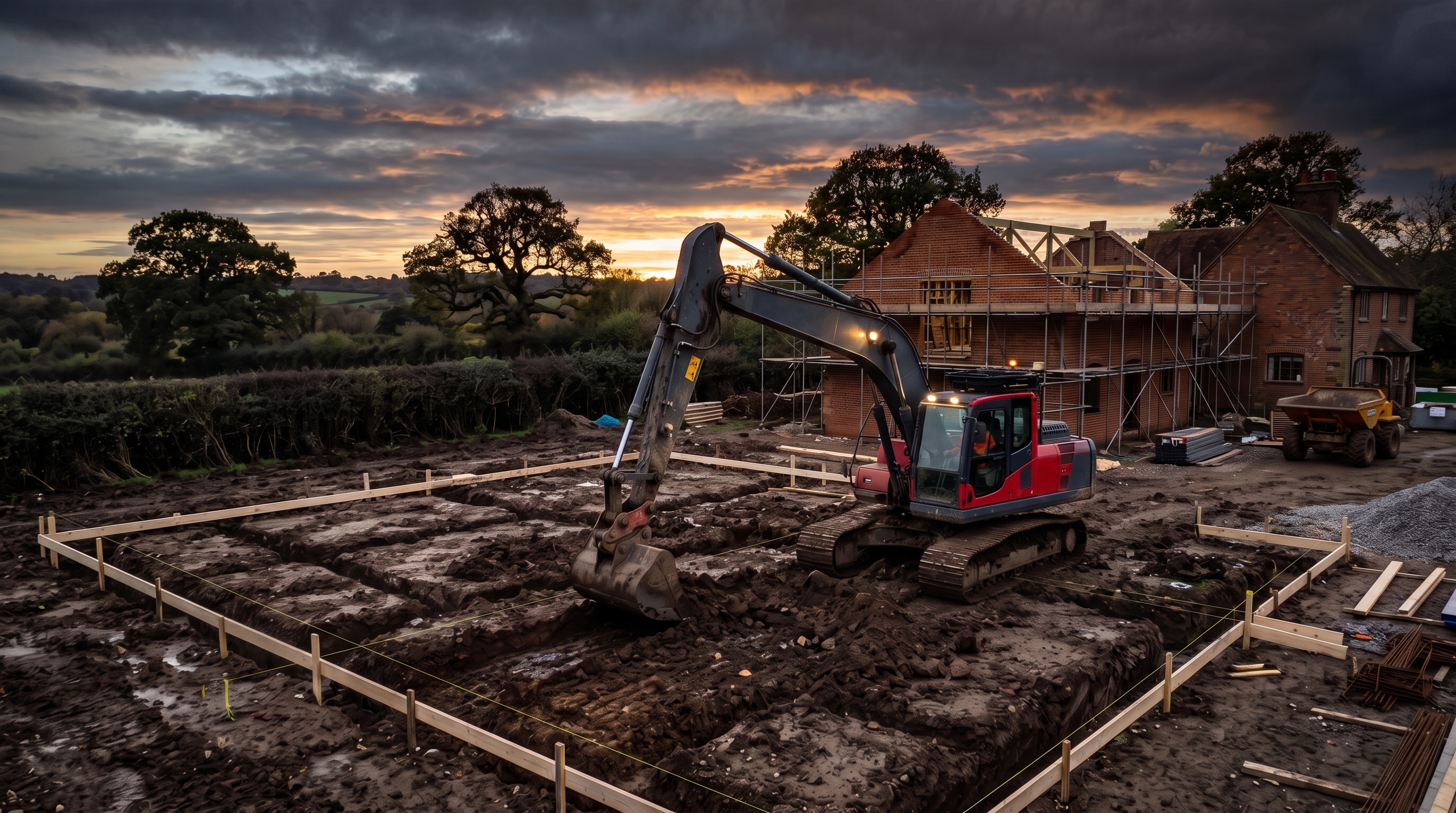 Excavator digging foundation footings on a residential construction site in Essex