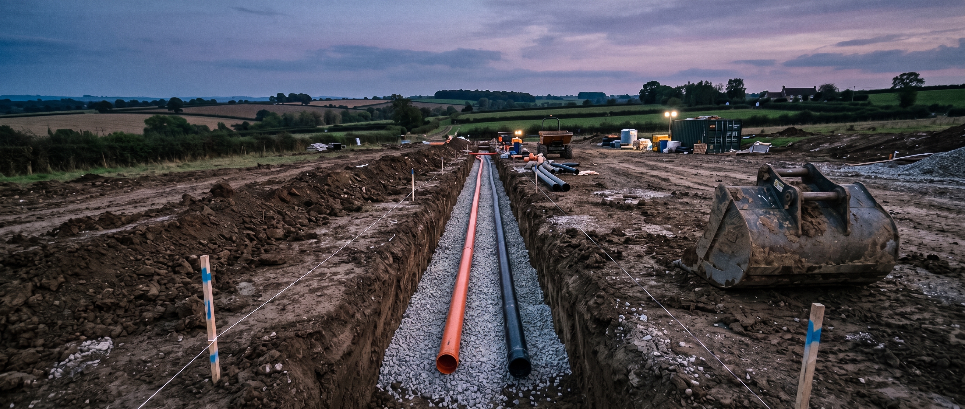 Clean drainage trench with ducting and pipework laid on a construction site